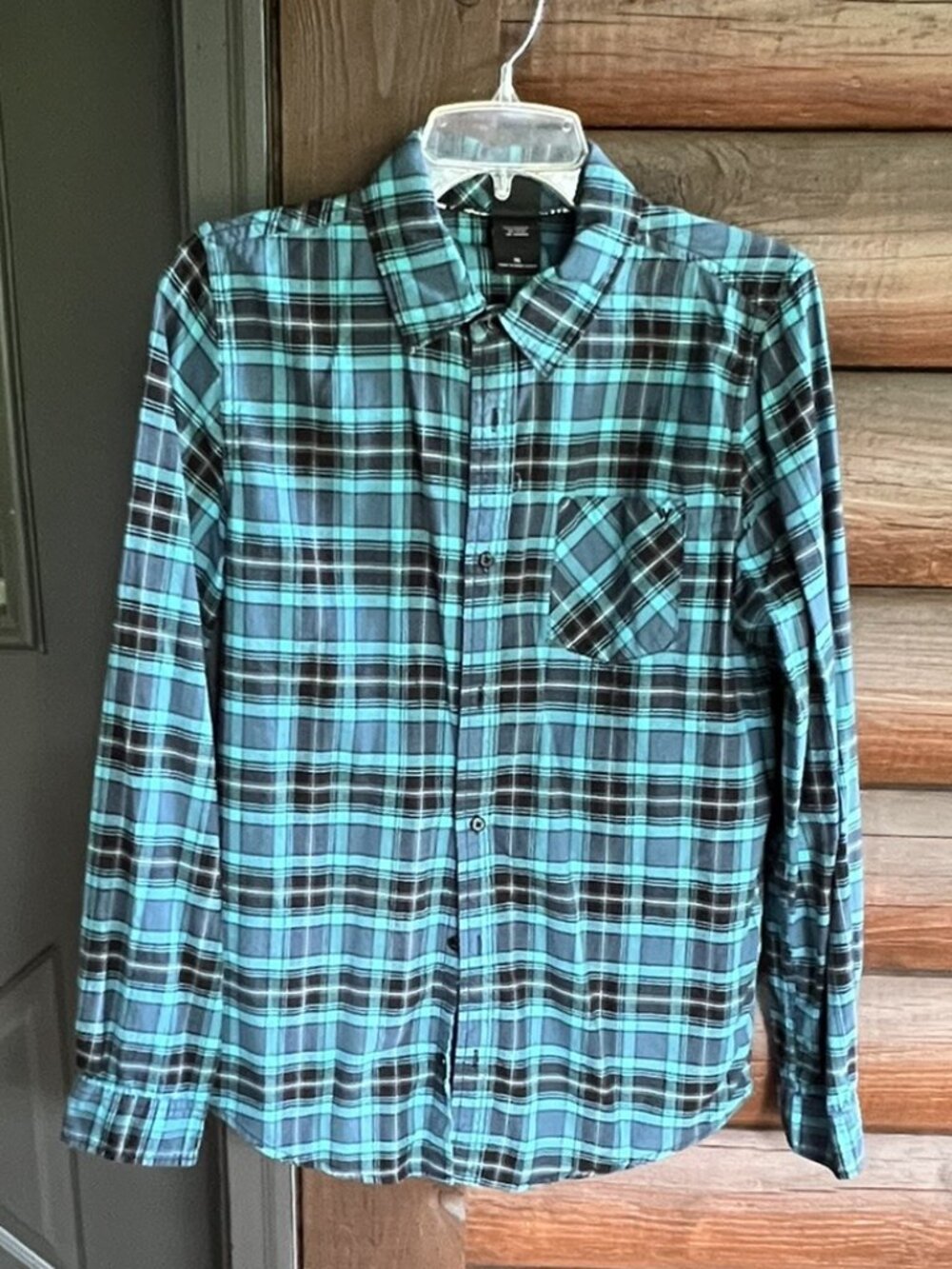 Shaun White Cotton Long-Sleeve Collared Teal Blue Plaid Flannel Shirt, Size XL